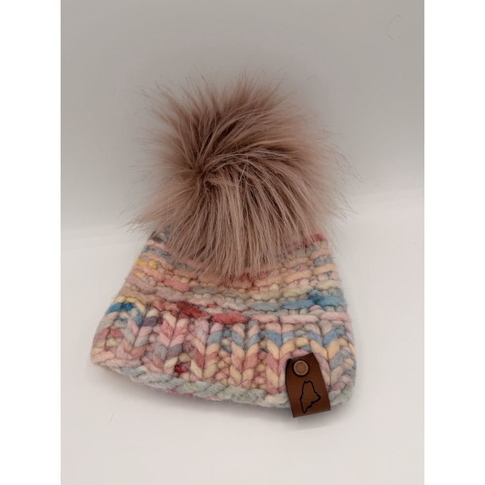 Handmade Toddler Chunky Knit Beanie with Faux Fur Pom-Pom & Maine Leather Tag